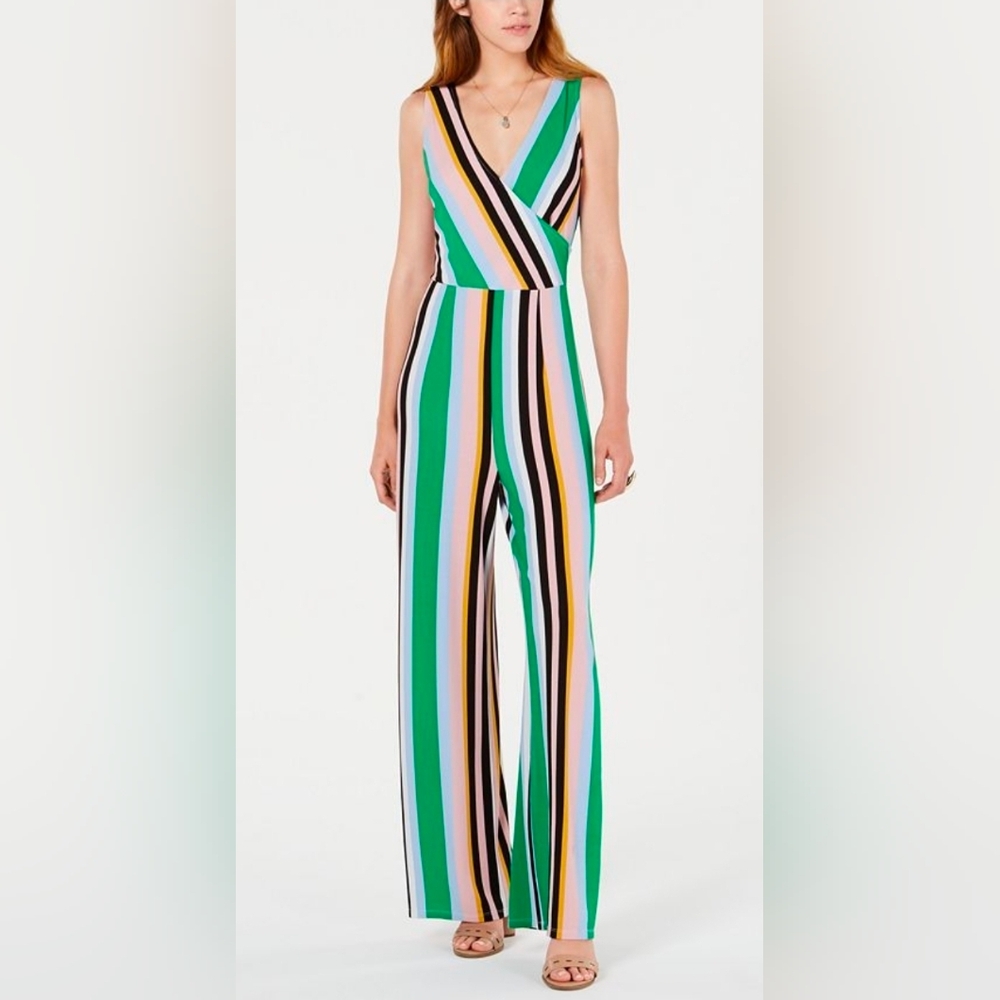 Bar lll Multi-Striped Surplice V-Neck Front Wide Leg Jumpsuit V-Neck Back Sz XXL